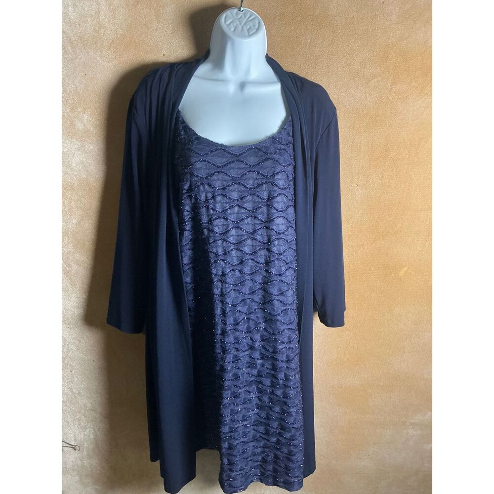 Connected‎ Apparel Navy Blue Beaded Overlay Dress and Cardigan Set Women 14